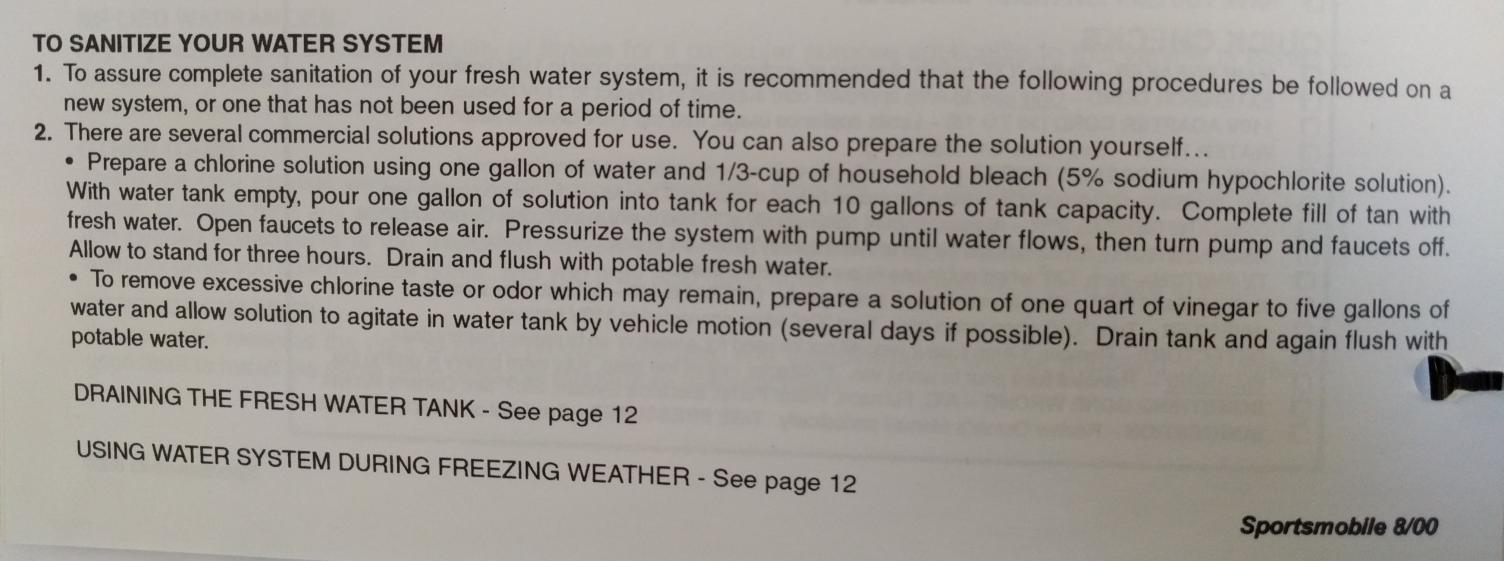 Sportsmobile manual excerpt for sanitizing water tank/system, with both a bleach and a vinegar step.