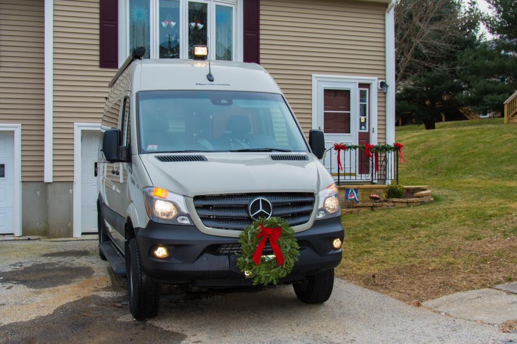 Sportsmobile for the holidays.  Golight spotlight installed on the roof along with Maxxair vent and Dometic A/C