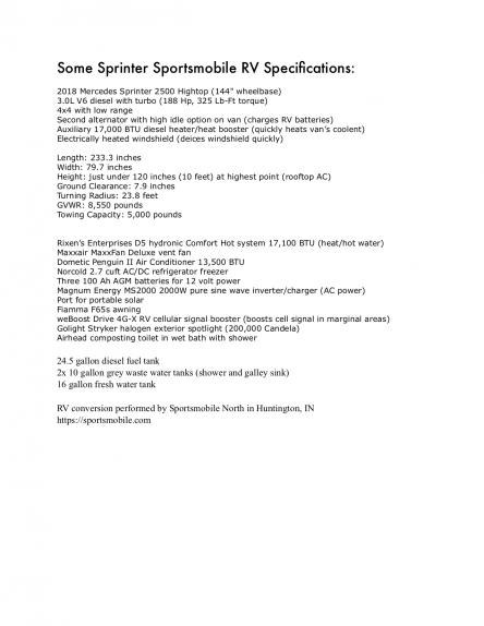 Sprinter RV Specifications
