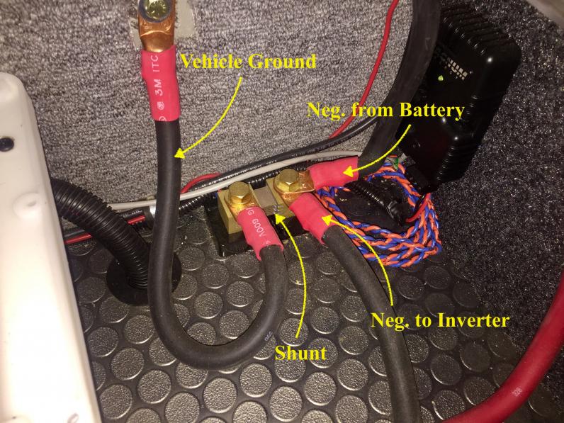 As built wiring configuration at battery shunt.  Battery monitor never works properly with this wiring configuration.