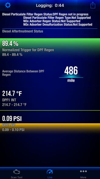 DPF Readout
Blue Driver OBDII Readout